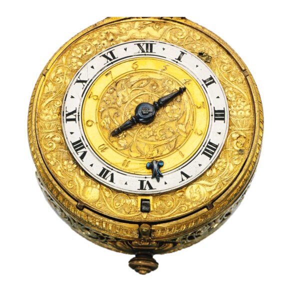The front of this early gilt-metal oval verge watch circa 1615 The front of this early gilt-metal oval verge watch circa 1615