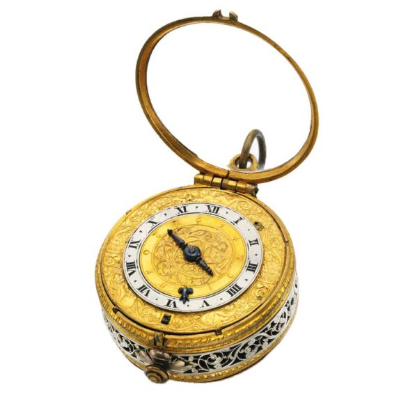 The front of this early gilt metal oval verge watch circa 1615