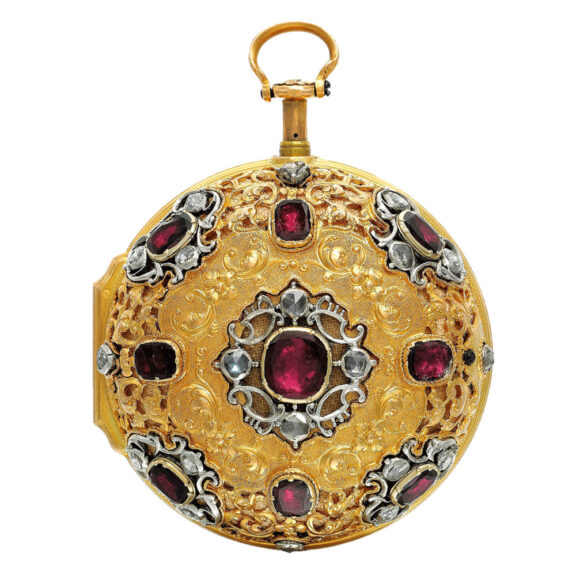 A rare gold English, diamond and garnet-set verge Circa 1730 A rare gold English, diamond and garnet-set verge Circa 1730