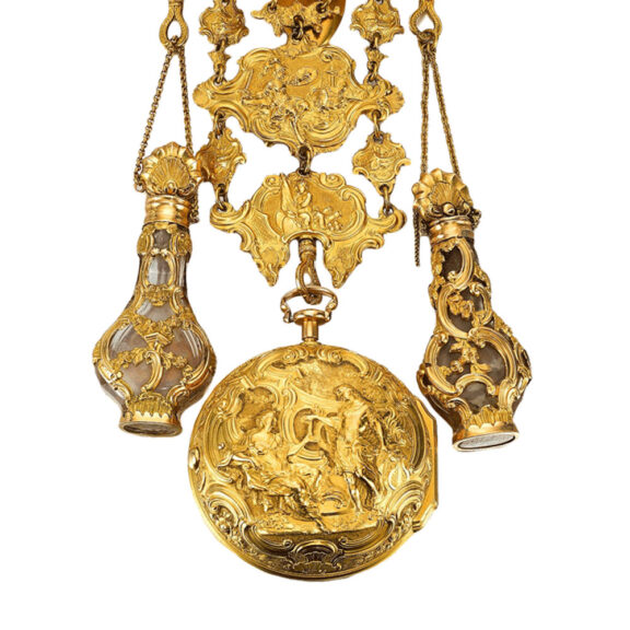 An English gold repousse verge with gold chatelaine Circa 1747 An English gold repousse verge with gold chatelaine Circa 1747