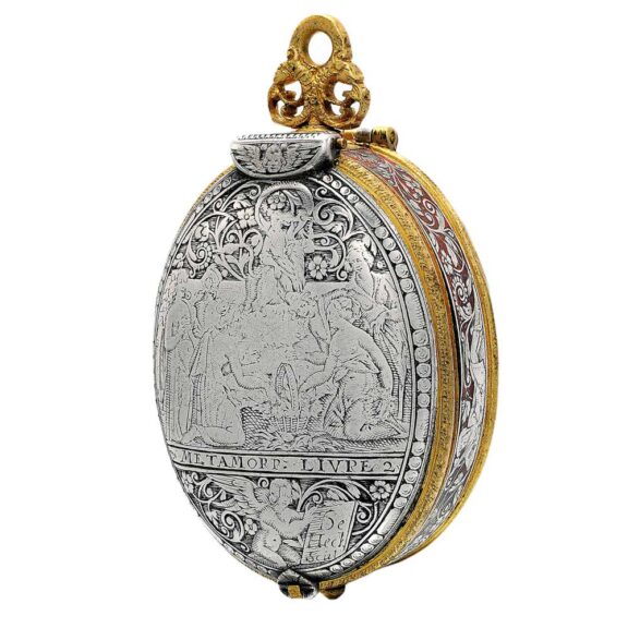 The front cover of this early gilt-metal astronomical verge watch circa 1618 The front cover of this early gilt-metal astronomical verge watch circa 1618