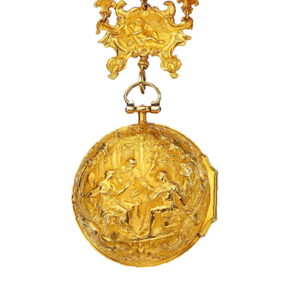 An English gold verge watch with repousse scene Circa 1751 An English gold verge watch with repousse scene Circa 1751