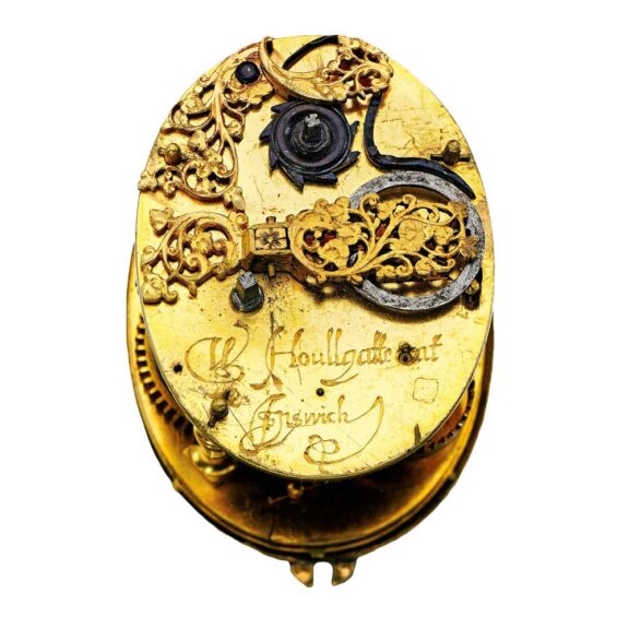 The back of this early gilt-metal and silver verge watch circa 1615 The back of this early gilt-metal and silver verge watch circa 1615