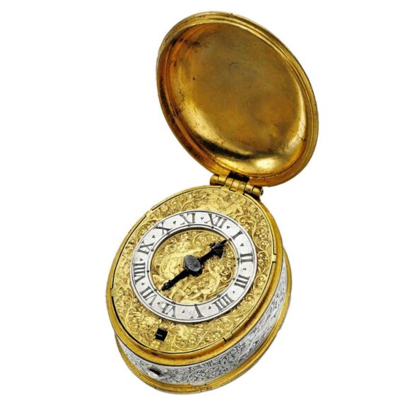 The front of this early gilt-metal and silver verge watch circa 1625