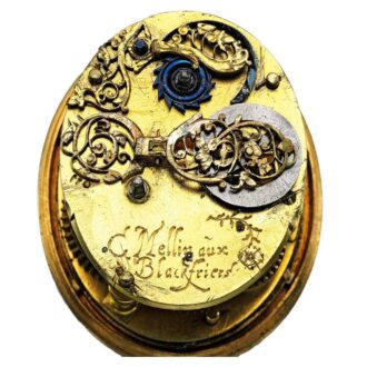 Open back of this early gilt-metal and silver verge watch circa 1625