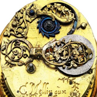 Open back of this early gilt-metal and silver verge watch circa 1625