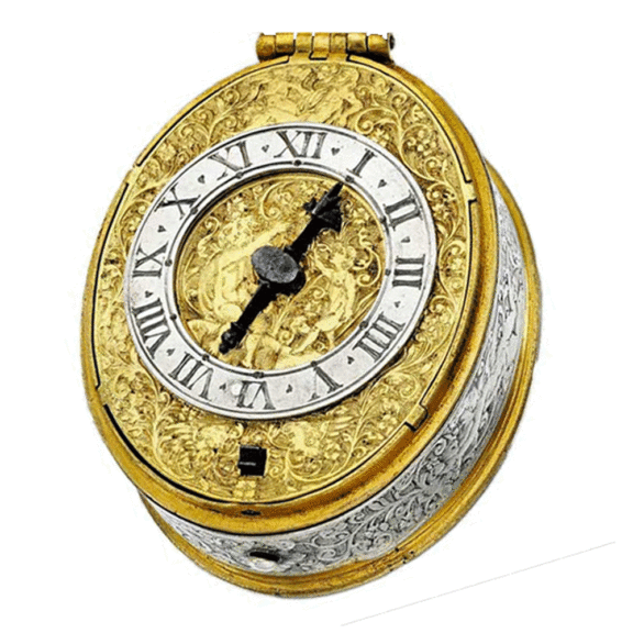Front early gilt-metal and silver oval verge watch Circa 1625 Front early gilt-metal and silver oval verge watch Circa 1625