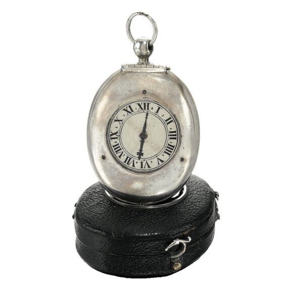 A rare silver oval puritan verge with protective case Circa 1635 A rare silver oval puritan verge with protective case Circa 1635