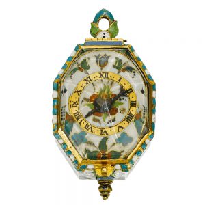 An English octagonal gold, enamel, rock crystal watch Circa 1640