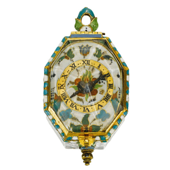 An English octagonal gold, enamel, rock crystal watch Circa 1640