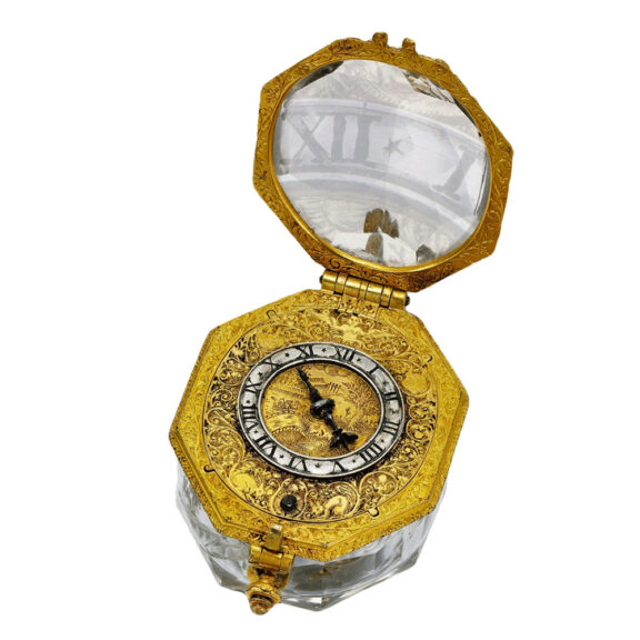 An English rare gilt-metal and rock crystal watch Circa 1640