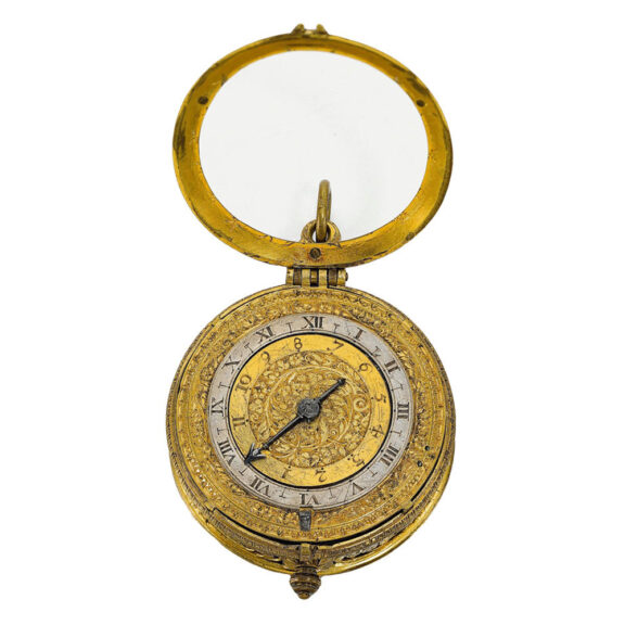 English gilt-metal tambour cased alarm verge Circa 1610-1615 English gilt-metal tambour cased alarm verge Circa 1610-1615