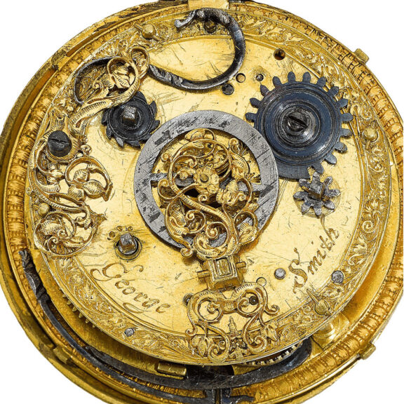 English gilt-metal tambour cased alarm verge Circa 1610-1615 English gilt-metal tambour cased alarm verge Circa 1610-1615