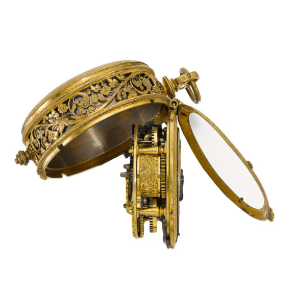 English gilt-metal tambour cased alarm verge Circa 1610-1615 English gilt-metal tambour cased alarm verge Circa 1610-1615