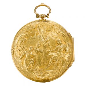 A English verge by John Ellicott with repousse scene Circa 1756