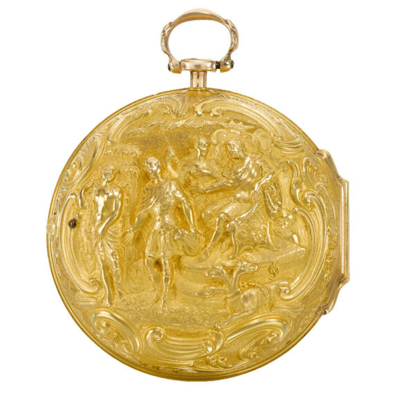 A gold English pair cased verge with repousse scene Circa 1771