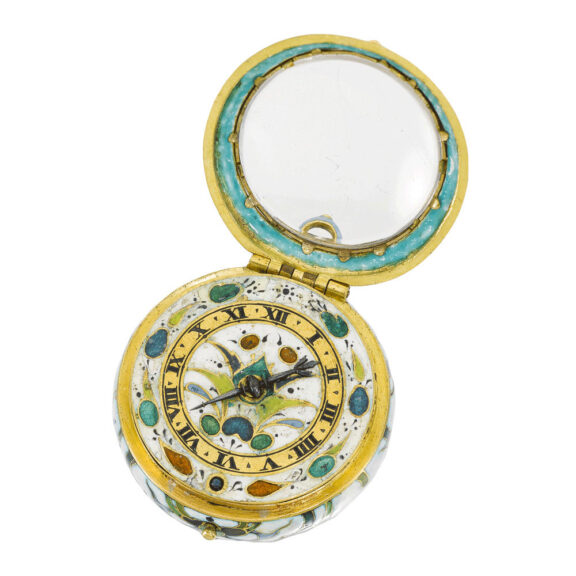 An English small gold and polychrome enamel watch Circa 1640 An English small gold and polychrome enamel watch Circa 1640