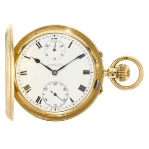 Gold English hunting cased watch with power reserve Circa 1905