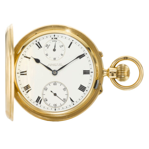 Gold English hunting cased watch with power reserve Circa 1905