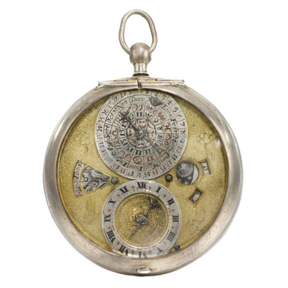Superb English silver astronomical verge, leather case Circa 1665 Superb English silver astronomical verge, leather case Circa 1665