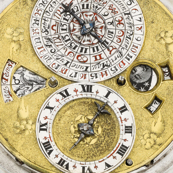 Superb English silver astronomical verge, leather case Circa 1665 Superb English silver astronomical verge, leather case Circa 1665