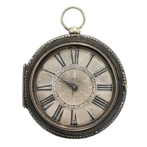 Silver English verge watch with leather protective case Circa 1670