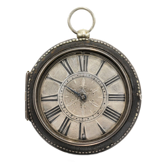 Silver English verge watch with leather protective case Circa 1670
