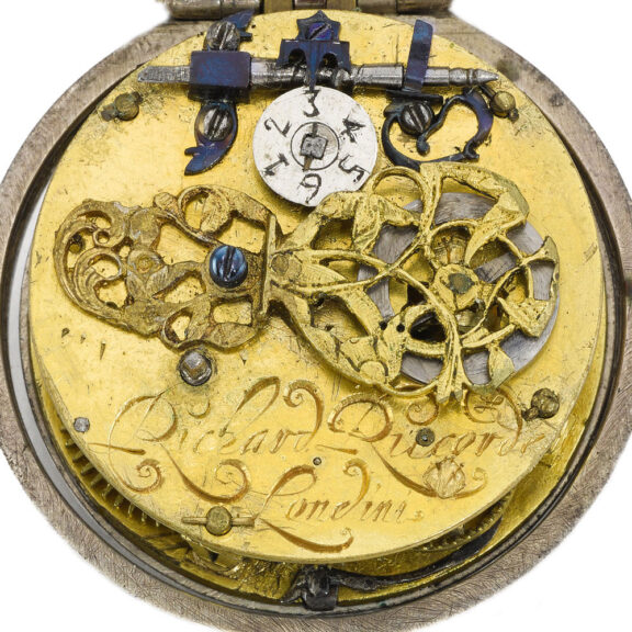 Silver English verge watch with leather protective case Circa 1670 Silver English verge watch with leather protective case Circa 1670