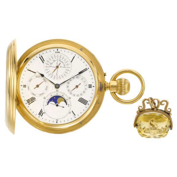 An English fine gold hunting cased calendar watch Circa 1877 An English fine gold hunting cased calendar watch Circa 1877