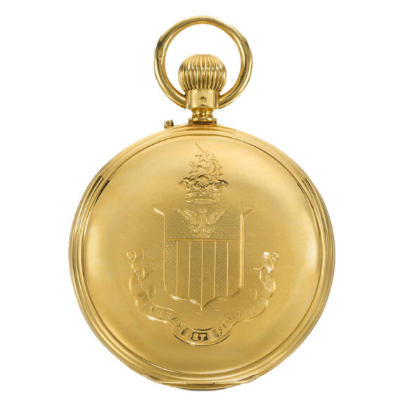 An English fine gold hunting cased calendar watch Circa 1877 An English fine gold hunting cased calendar watch Circa 1877