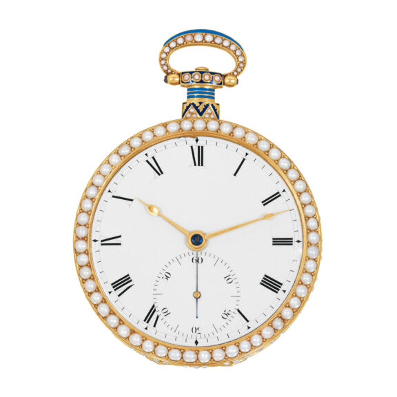 English gold, painted enamel and pearl-set watch Circa 1820 English gold, painted enamel and pearl-set watch Circa 1820