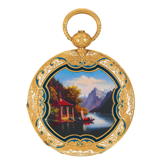 Swiss gold watch with painted on enamel scene Circa 1850