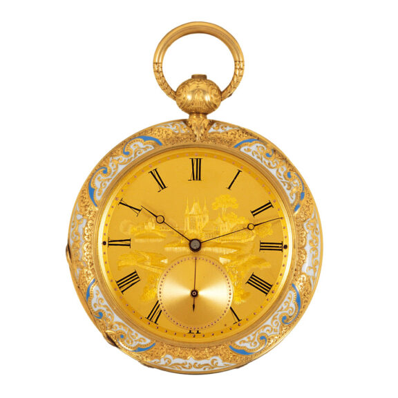 Swiss gold watch with painted on enamel scene Circa 1850 Swiss gold watch with painted on enamel scene Circa 1850