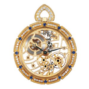 Swiss gold, diamond, sapphire-set skeletonized watch Circa 1980