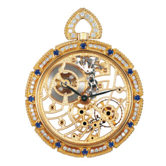 Swiss gold, diamond, sapphire-set skeletonized watch Circa 1980