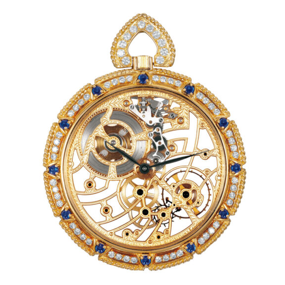 Swiss gold, diamond, sapphire-set skeletonized watch Circa 1980