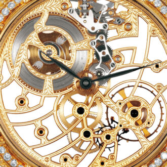 Swiss gold, diamond, sapphire-set skeletonized watch Circa 1980