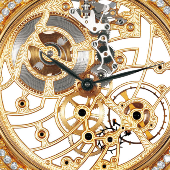 Swiss gold, diamond, sapphire-set skeletonized watch Circa 1980 Swiss gold, diamond, sapphire-set skeletonized watch Circa 1980