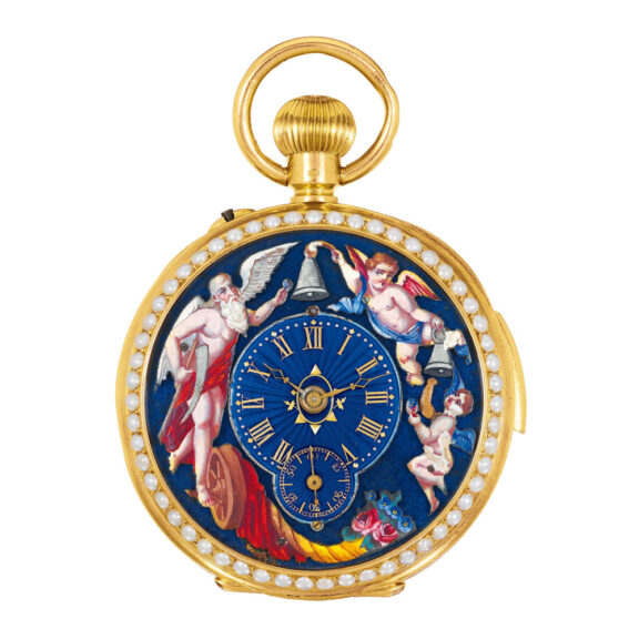 Swiss 18k gold, pearl-set quarter repeating watch Circa 1900