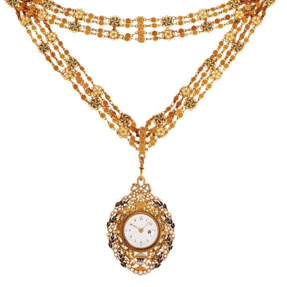 Swiss gold, enamel pearl-set medallion watch Circa 1800 Swiss gold, enamel pearl-set medallion watch Circa 1800