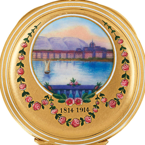 Swiss gold, enamel keyless lady's pendant watch Circa 1914 Swiss gold, enamel keyless lady's pendant watch Circa 1914