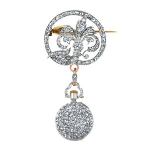Swiss silver, diamond-set miniature brooche watch Circa 1900