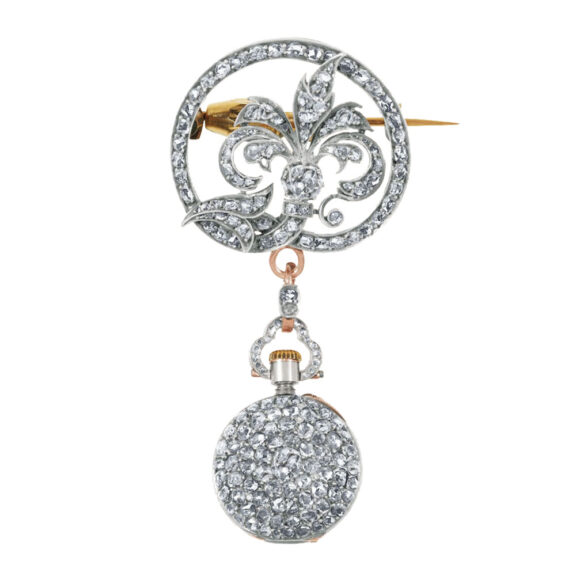 Swiss silver, diamond-set miniature brooche watch Circa 1900 Swiss silver, diamond-set miniature brooche watch Circa 1900