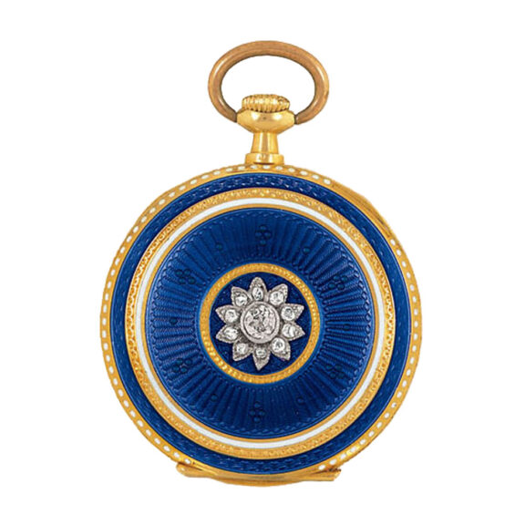 Swiss gold, enamel keyless lady's pendant watch Circa 1900