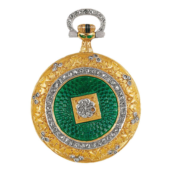 Swiss gold, enamel and diamond pendant watch Circa 1905