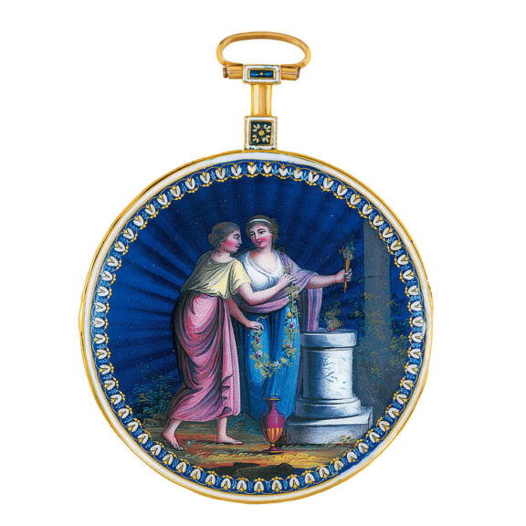 French gold cylinder watch with enamel scene Circa 1790