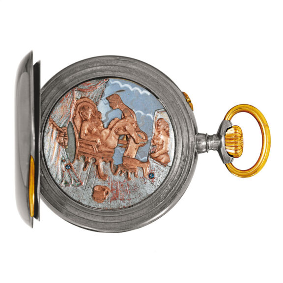 Fine Swiss gunmetal erotic automaton pocket watch Circa 1910