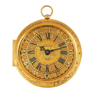 English 22k gold hour-striking clock watch Circa 1703