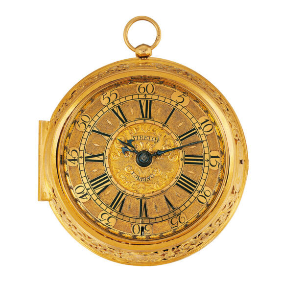 English 22k gold hour-striking clock watch Circa 1703