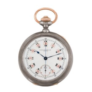 Swiss gunmetal pocket watch with chronograph Circa 1895